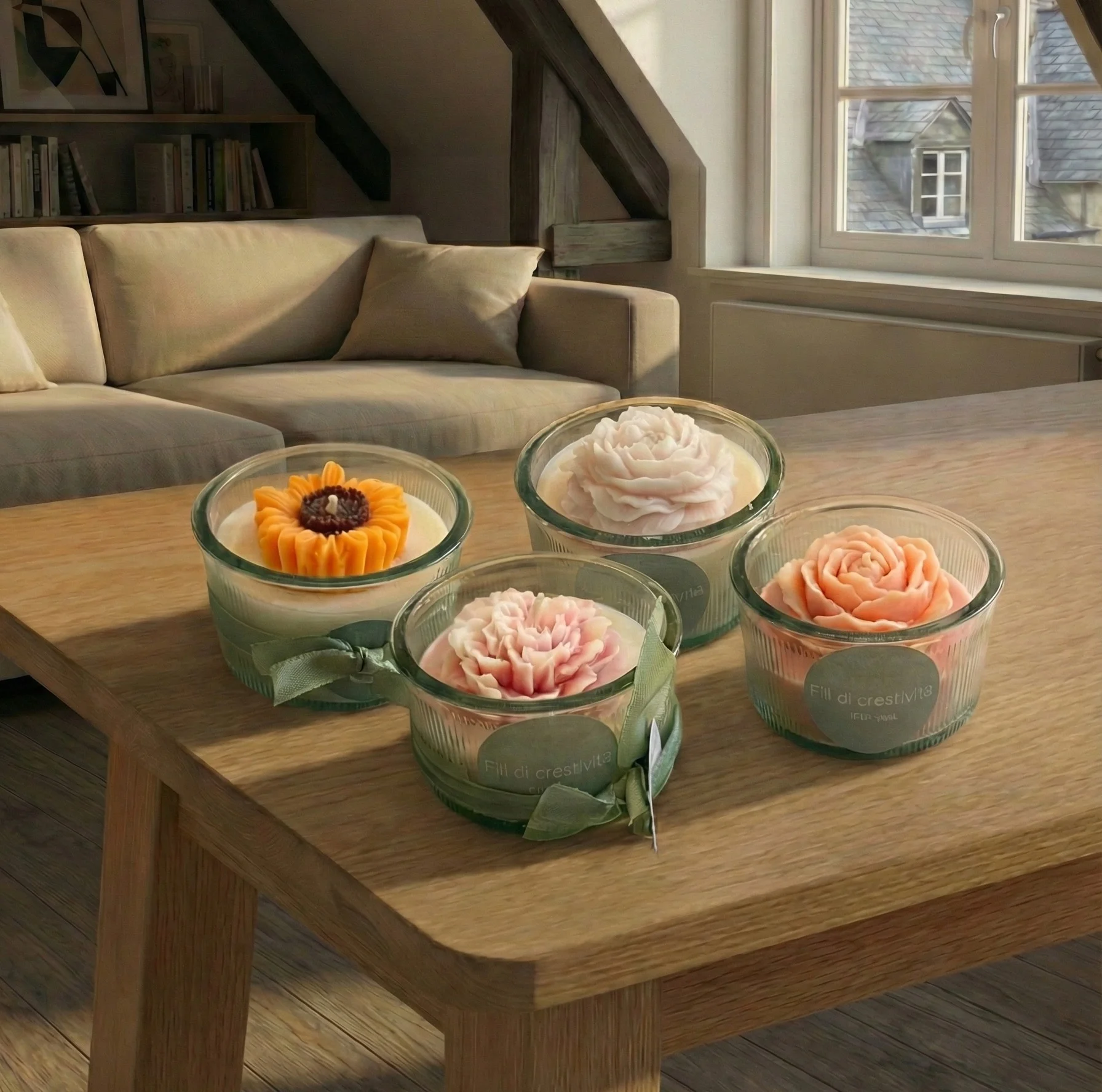 Candela in vasetto di vetro rigato con fiore